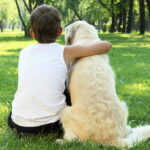 a boy and dog sitting in grass